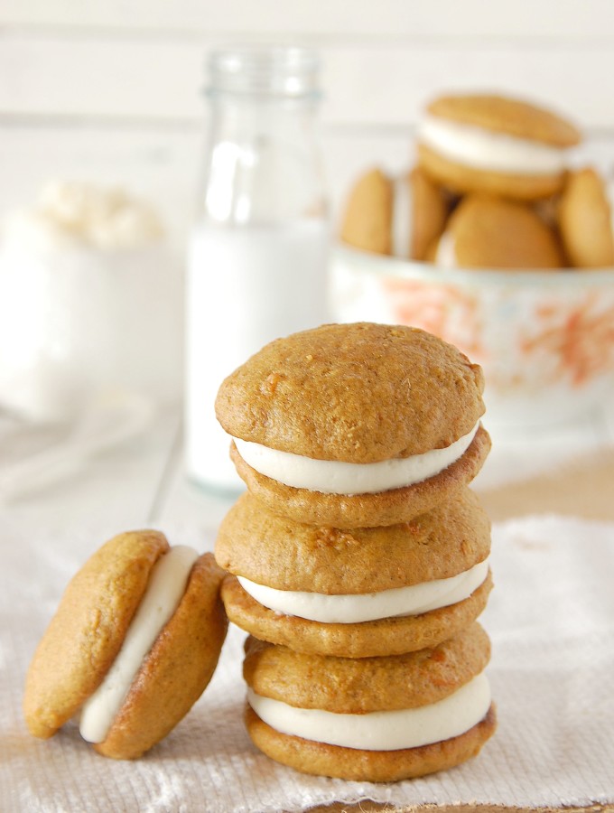 Carrot Cake Whoopie Pies w/ Almond Cream Cheese Frosting