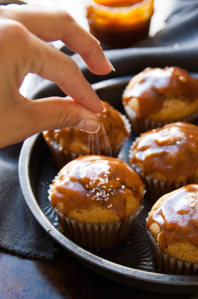 Caramel Apple Pumpkin Spiced Muffins with Salted Caramel Glaze | thekitchenmccabe.com
