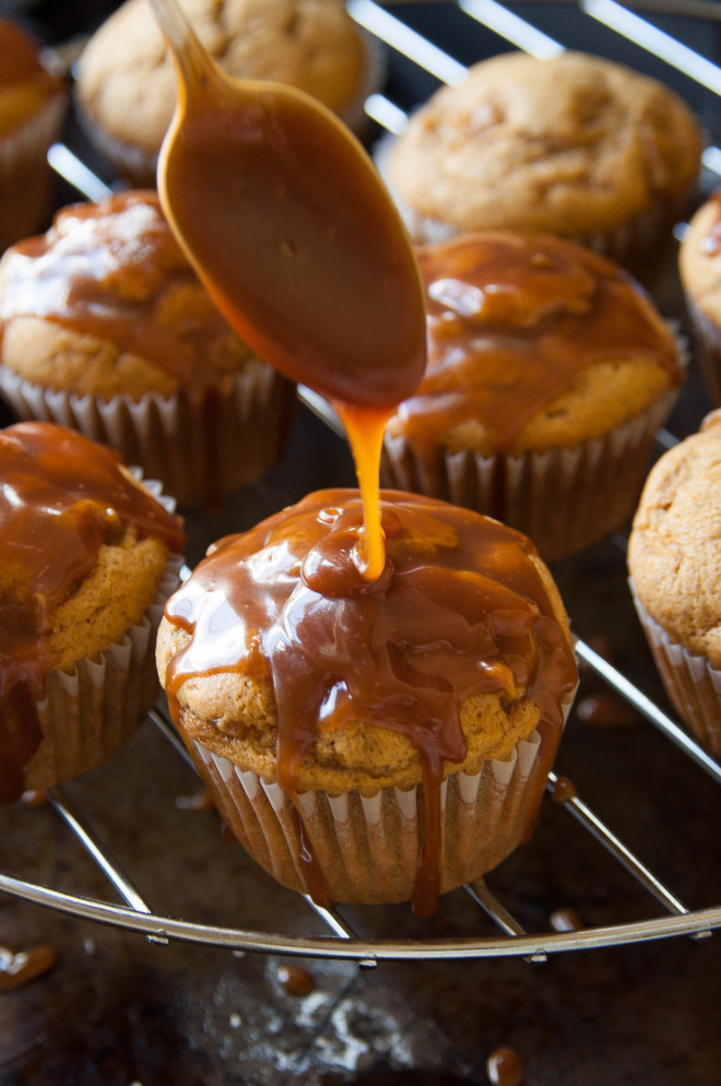 Caramel Apple Pumpkin Spiced Muffins with Salted Caramel Glaze | thekitchenmccabe.com