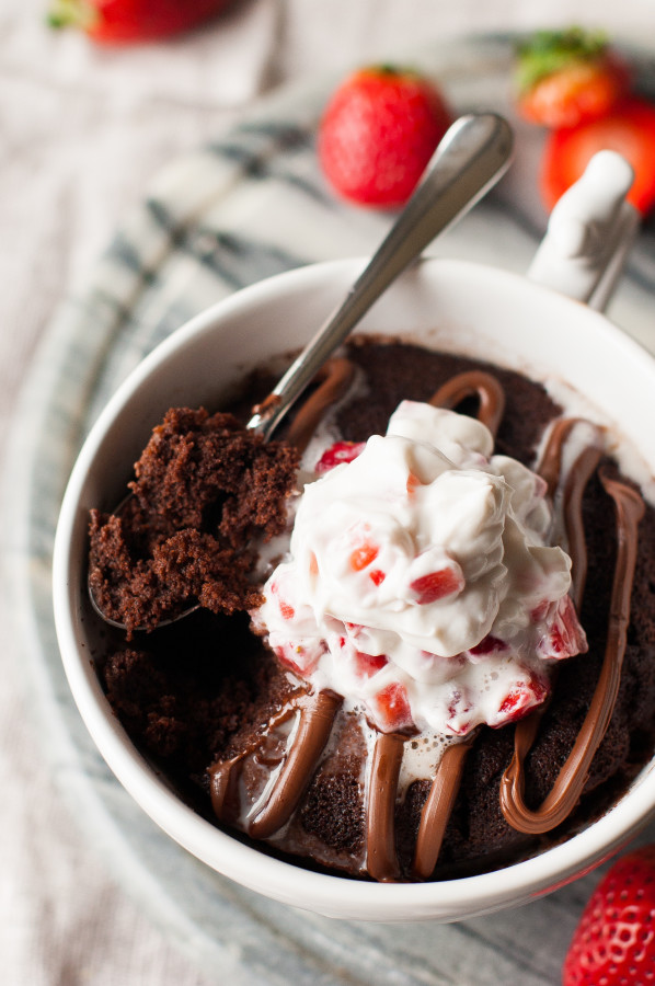 Dark Chocolate Nutella Mug Cake with Strawberries & Coconut Cream. Dairy & Gluten Free. | thekitchenmccabe.com