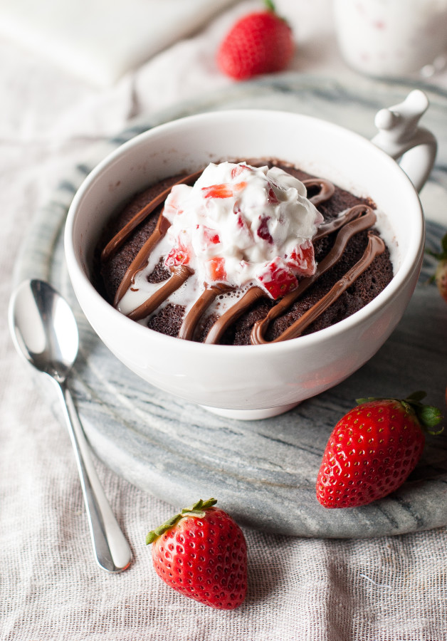Dark Chocolate Nutella Mug Cake with Strawberries & Coconut Cream. Dairy & Gluten Free. | thekitchenmccabe.com