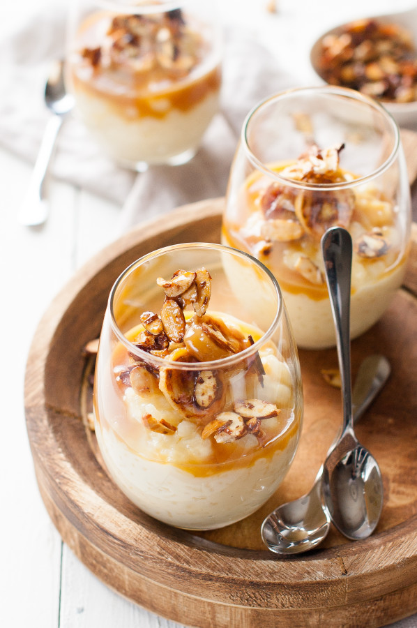 Toffee Banana White Chocolate Rice Pudding with Candied Almonds | thekitchenmccabe.com