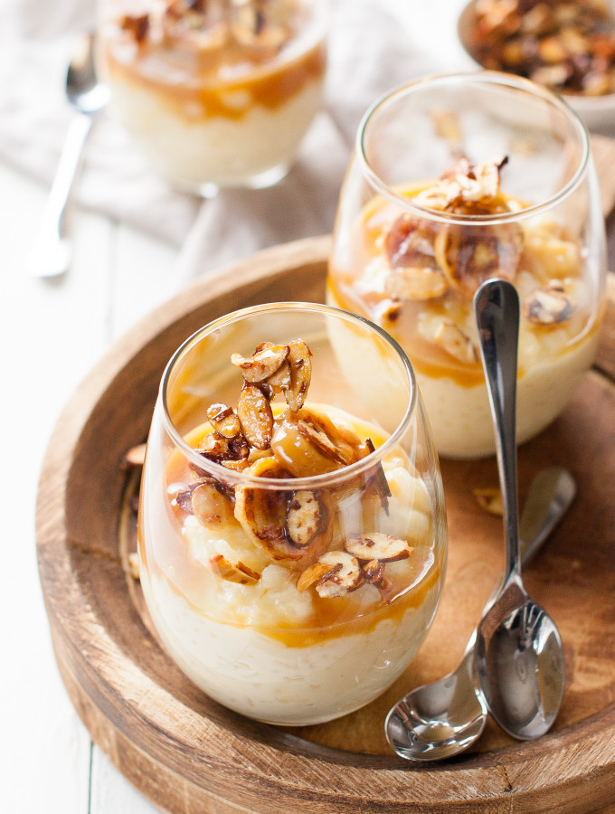 Toffee Banana White Chocolate Rice Pudding w/ Candied Almonds
