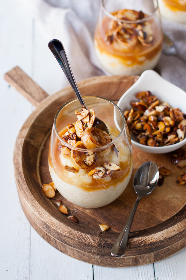 Toffee Banana White Chocolate Rice Pudding with Candied Almonds | thekitchenmccabe.com