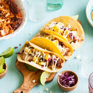Sweet & Spicy Baked Salmon Tacos with Mango Salsa & Avocado Lime Crema