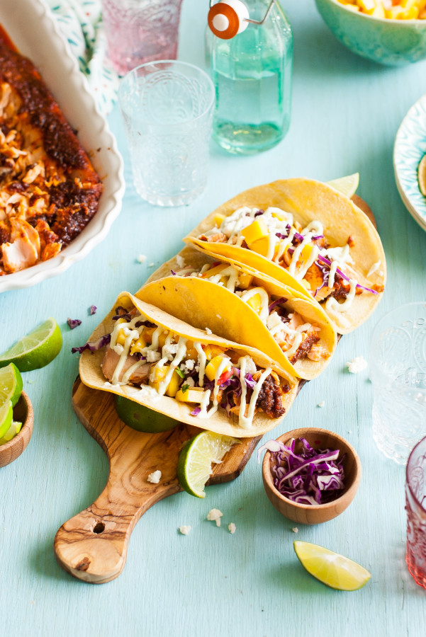 Sweet & Spicy Baked Salmon Tacos with Mango Salsa & Avocado Lime Crema