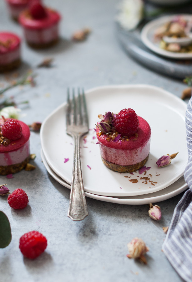 Raspberry Rose Mini Cheesecakes with Pistachio Crumble {gluten, dairy, refined sugar free}