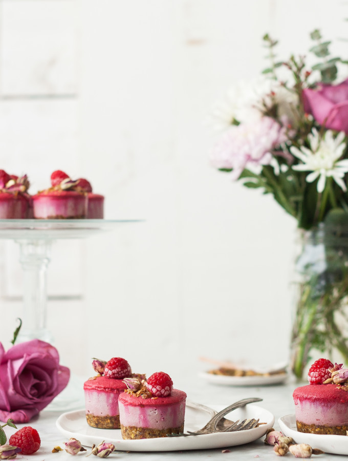Raspberry Rose Mini Cheesecakes with Pistachio Crumble {gluten, dairy, refined sugar free}