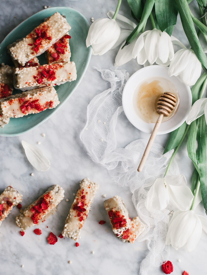 White Chocolate Dipped Puffed Millet Bars with Strawberries & Pistachios
