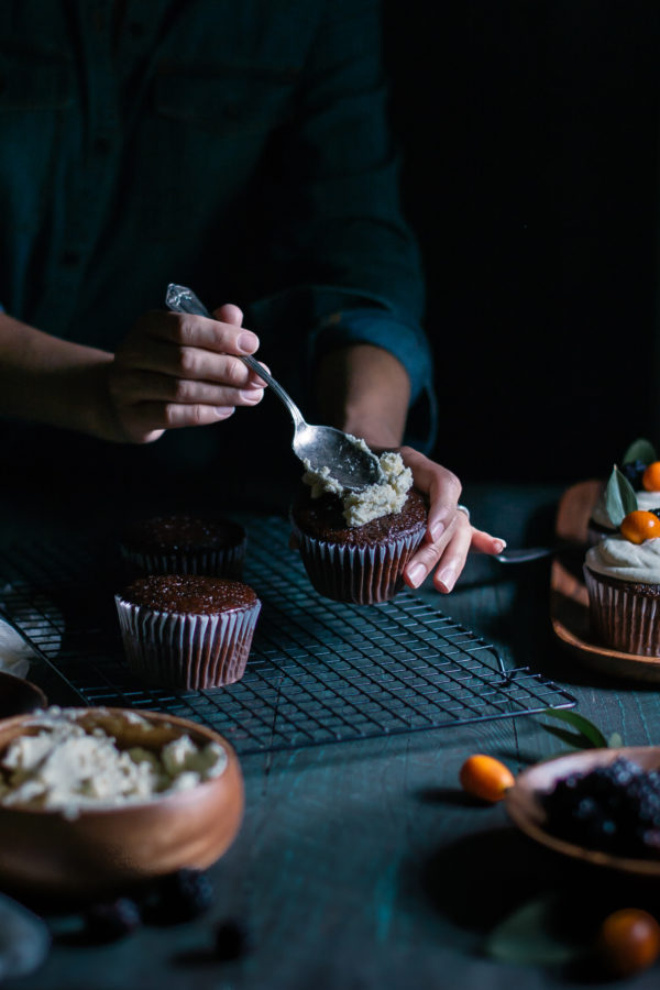 Chocolate & Earl Gray Cupcakes with Kumquat Italian Meringue Buttercream
