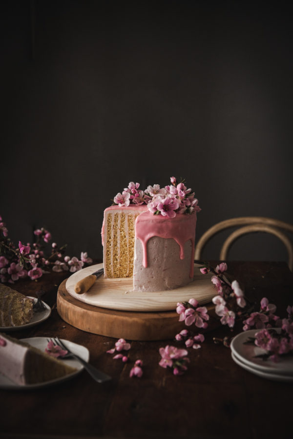 Lemon Vertical Roll Cake + Rhubarb Rose Frosting 