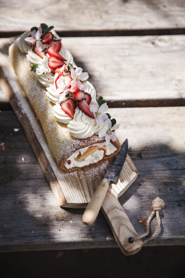 Lemon Cake Roll + Mascarpone Cream & Strawberries