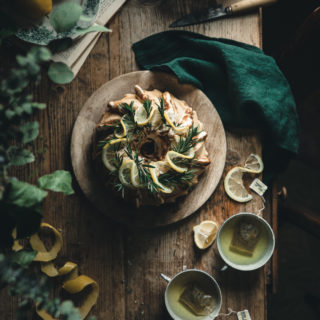 Lemon Rosemary Buttermilk Pound Cake + Toasted Meringue Glaze