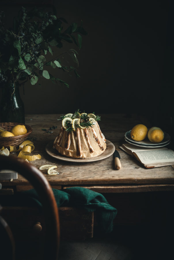 Lemon Rosemary Buttermilk Pound Cake + Toasted Meringue Glaze
